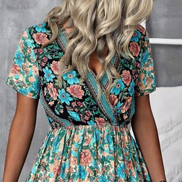 Boho Floral Multi color Surplice Neck Mini Dress - Picture 6 of 7